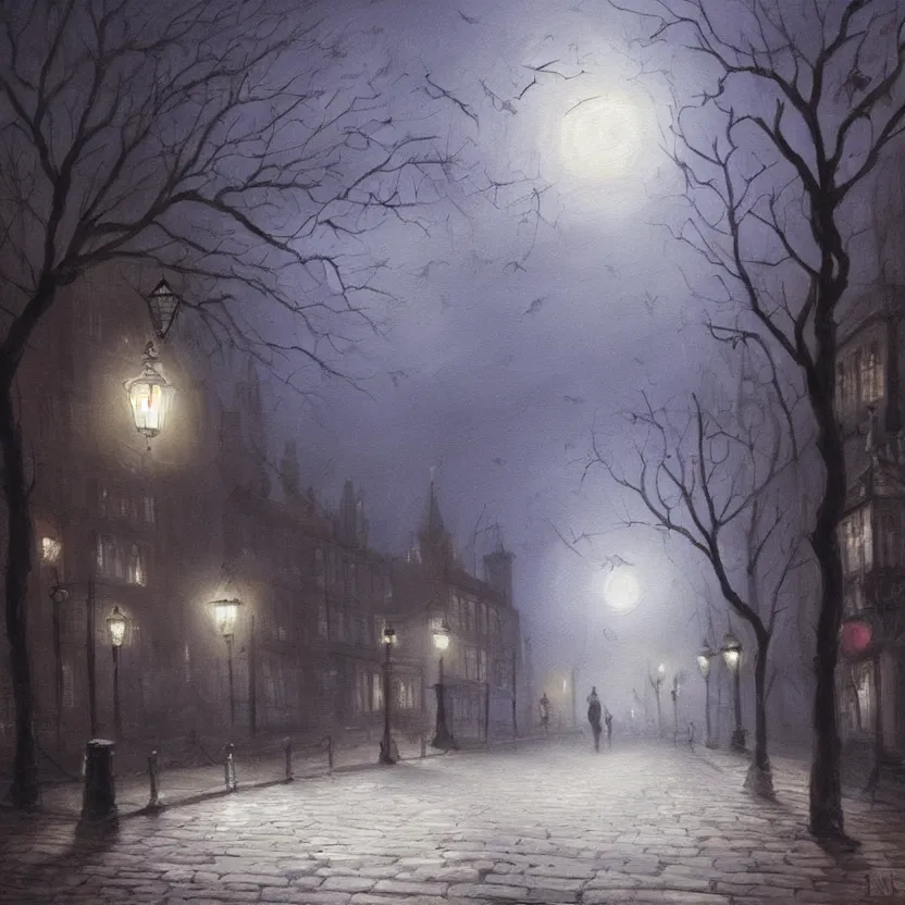 Prompt: beautiful painting of old London street scene spooky dark fog in the moonlight fantasy mystical