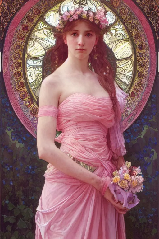 Image similar to beautiful girl in an pink wedding dress, symmetrical full body portrait by Donato Giancola, Alphonse Mucha, Artgerm and William Bouguereau, digital art, ,character concept, Epic, photorealism presented in artstation hyperrealism, award winning artwork,, high quality print, fine art with subtle redshift rendering