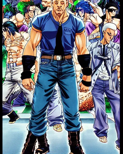 Image similar to Digital color pen drawing of Vin Diesel walking like a Italian model in JoJo\'s Bizzare Adventure anime style, highly detailed, sharp focus, screentone shading, 1990 manga panel, trending on ArtStation, manga cover art drawn by Hirohiko Araki