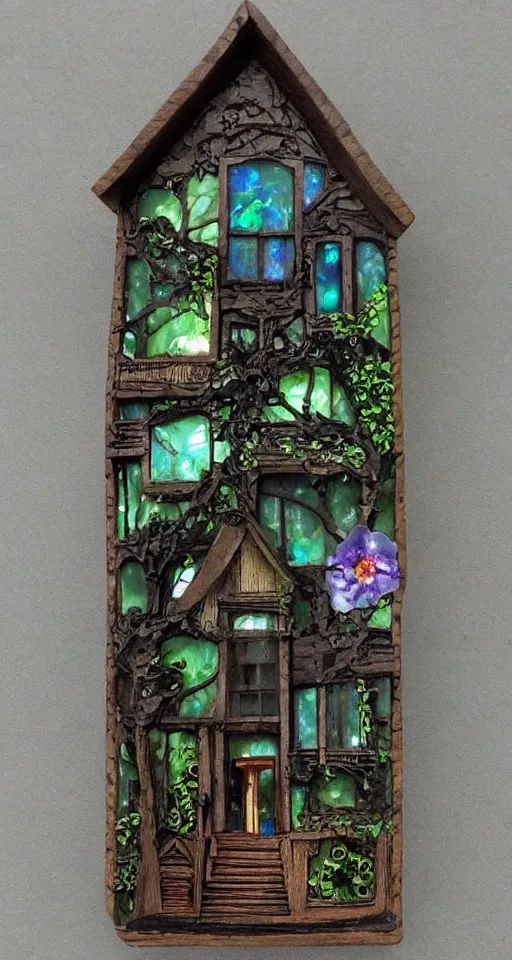 Image similar to victorian house made of wood in a dark forest with obsidian trees and Opal flowers, jade, lapis, eerie, painting