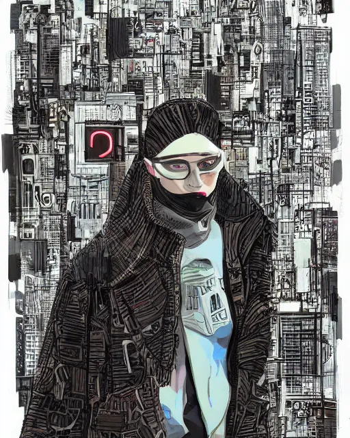 Prompt: cypherpunk fashion illustration, city street background with high tall buildings, abstract portrait highly detailed, finely detailed