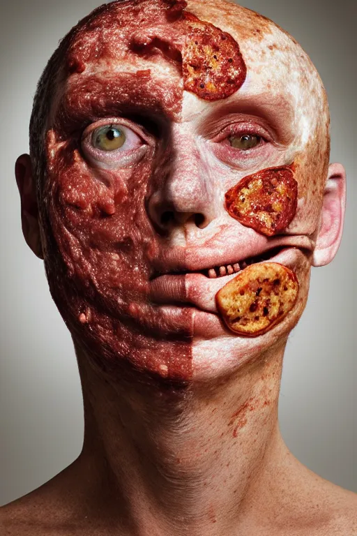 Prompt: portrait of man with facial de formity making the head a flat and circular disc, looking like a pizza, uneven skin with baked crust appearance, large freckles like burnt spots, cheeks look like tomato slices, muted colors, soft lighting, sharp focus, neut ral background, masterpiece, photo by jimmy nelson, giger, cindy sherman
