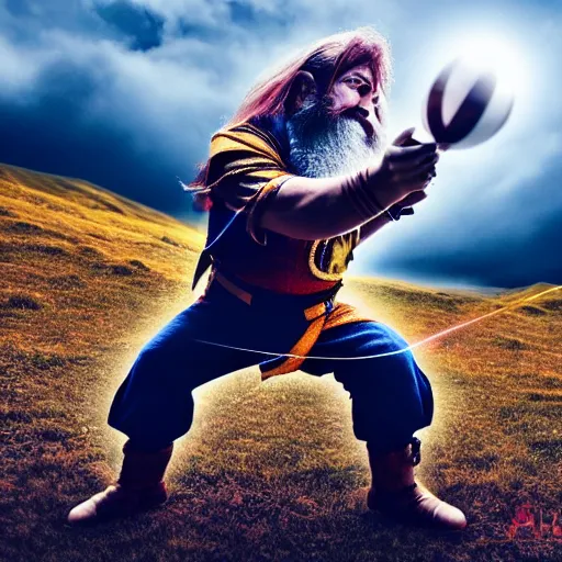 Image similar to a dwarf shooting a kamehameha blast, 4 k, hyper realistic, dslr, high resolution, landscape, beautiful