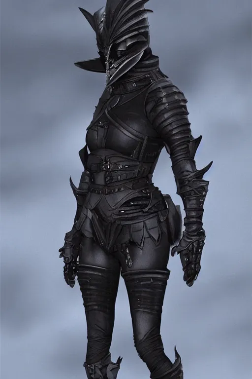 Image similar to female adventurer in tight full - body black leather armor of japanese design and a black porcelain crow mask, trending in artstation, establishing shot