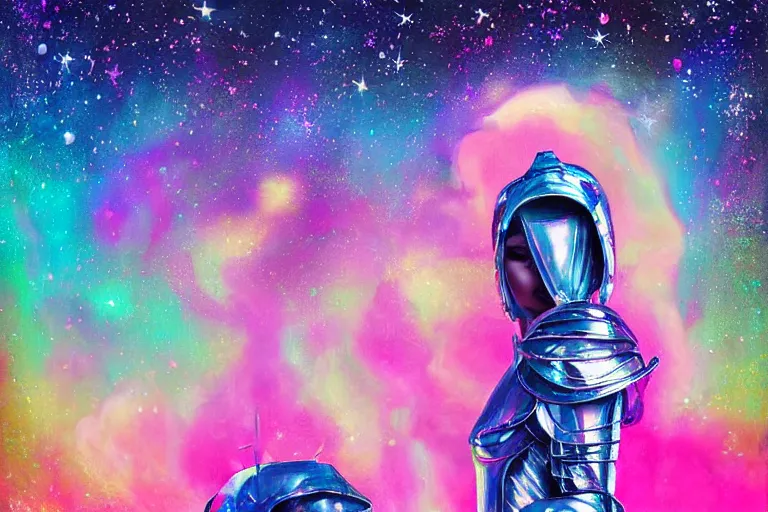 Image similar to digital art of a beautiful princess wearing suit of armor looking up at the stars, acrylic art, universe, painting, pastel colors, synthwave, retro, cyberpunk,