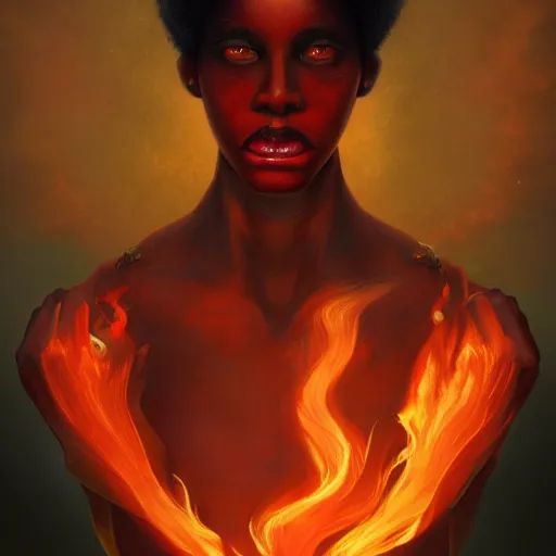 Prompt: a beautiful portrait of a flame god by Jim Burns and Tom Bagshaw, black skin, Trending on Artstation, Flaming Background