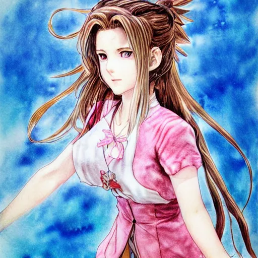 Prompt: Aerith by Yoshitaka Amano, illustration, watercolor, highly detailed