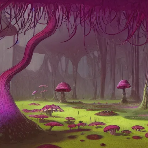 Image similar to concept art painting of a interior of a fungal alien fantasy fairytale house made of mushrooms, with black vines, realistic, detailed, cel shaded, magenta and gray, dark, in the style of makoto shinkai and greg rutkowski and james gurney