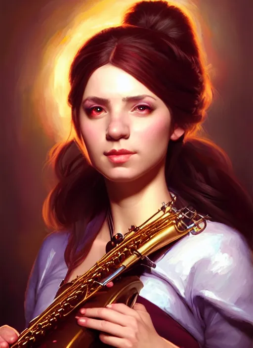 Prompt: a _ fantasy _ style _ portrait _ painting _ of female charismatic bard playing instrument, rpg dnd oil _ painting _ unreal _ 5 _ daz. _ rpg _ portrait _ extremely _ detailed _ artgerm _ greg _ rutkowski _ greg