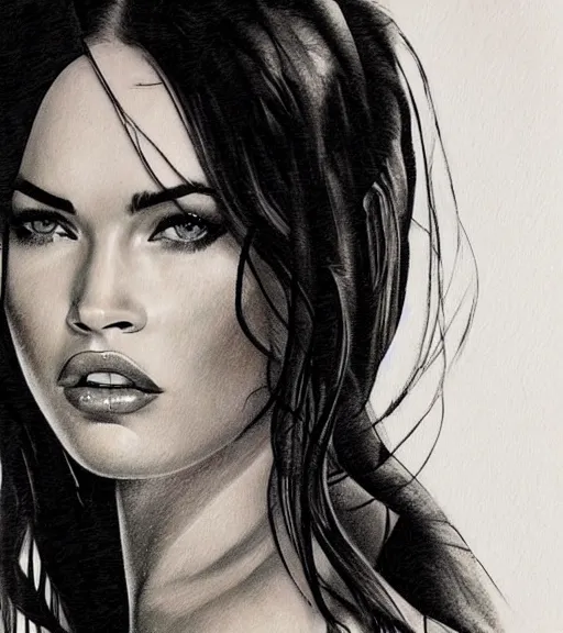 Image similar to tattoo design sketch of megan fox portrait against a background of the most beautiful nature, hyper - realistic, in the style of den yakovlev, amazing detail, black and white