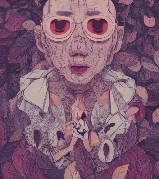 Prompt: portrait, nightmare anomalies, leaves with a fan by miyazaki, violet and pink and white palette, illustration, kenneth blom, mental alchemy, james jean, pablo amaringo, naudline pierre, contemporary art, hyper detailed