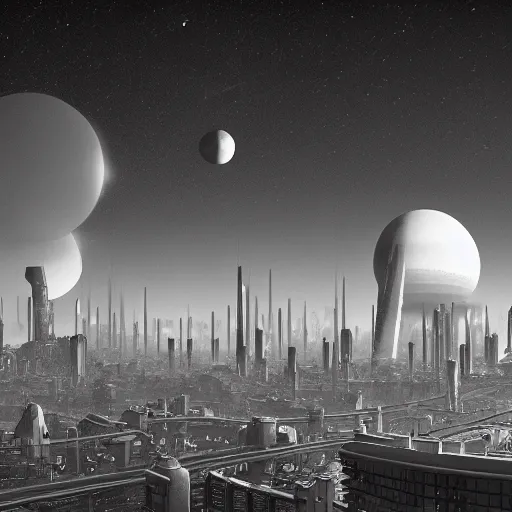 Image similar to A planetary city by Simon Stålenhag and Ansel Adams, black and white photo 4k