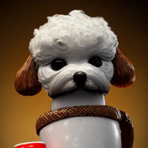 Prompt: a photorealistic photograph of a Trader Vic's Tiki Mug featuring Bichon Frisé puppy face at bar Trending on Artstation, featured on Behance, well-rendered, Unreal Engine, 4K HD