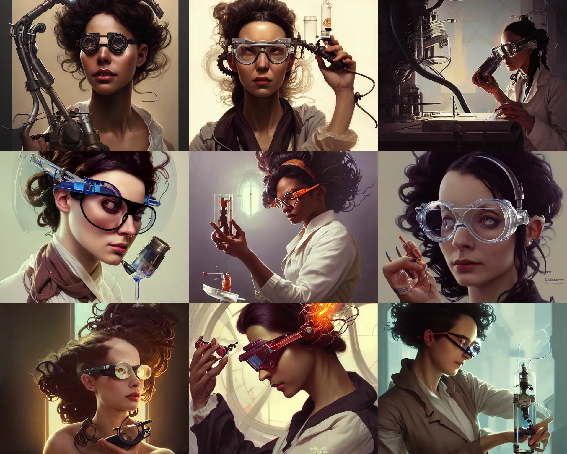 Prompt: female mad scientist mixing strange concoctions, dark skinned, large safety glasses, stabilising shot, intricate, elegant, highly detailed, digital painting, artstation, concept art, matte, sharp focus, illustration, art by artgerm and greg rutkowski and alphonse mucha