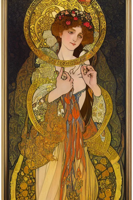 Image similar to a full body portrait of the annunciation oil painting cross between the styles of alphonse mucha and gustav klimt gold leaf, intricate detailed,