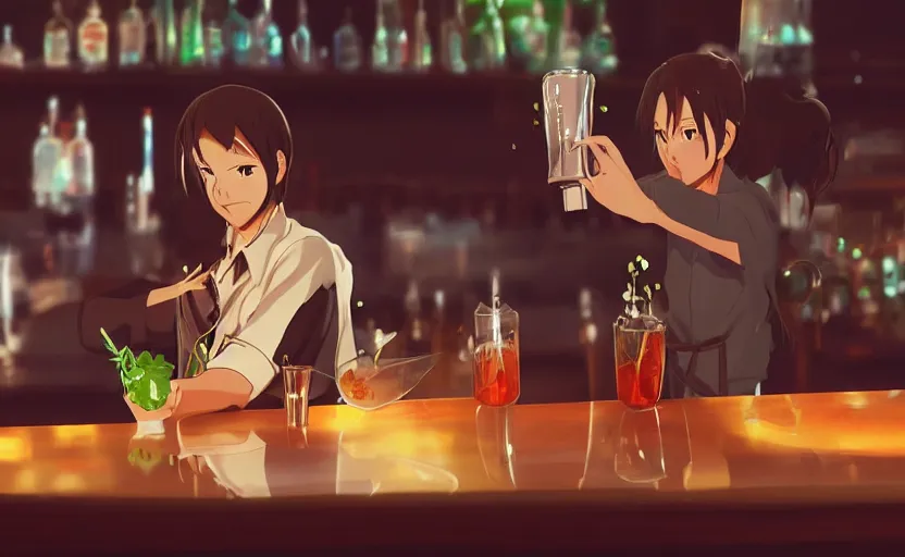 Image similar to A bartender making a nebulous looking drink, anime scene illustrated by Makoto Shinkai, digital art