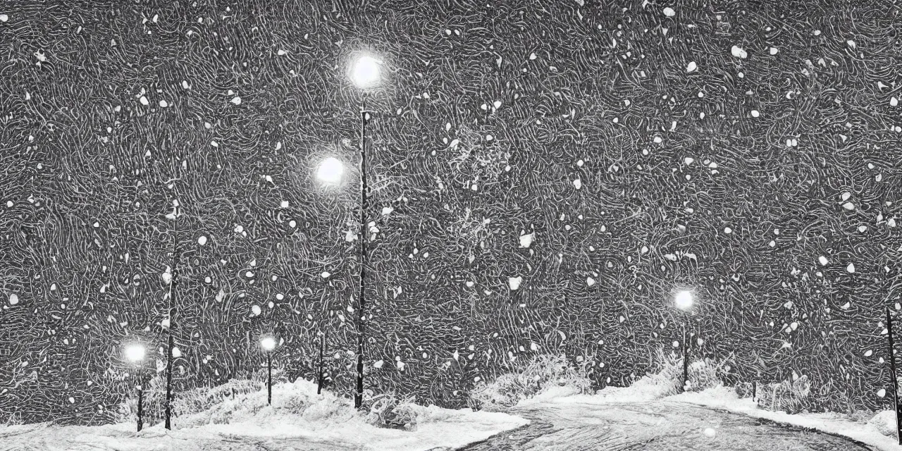 Image similar to laurentian appalachian mountains during winter, original and creative black ink surrealist landscape artwork, snowy night, streetlamps, interesting textures