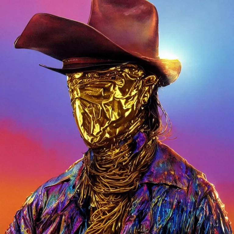 Prompt: 1 9 8 0's spaghetti western film octane render portrait by wayne barlow and carlo crivelli and glenn fabry, a person wearing a shiny colorful iridescent latex suit and mask and cowboy hat covered in liquid gold, standing in a colorful scenic western landscape with multicolored clouds, cinema 4 d, ray traced lighting, very short depth of field, bokeh