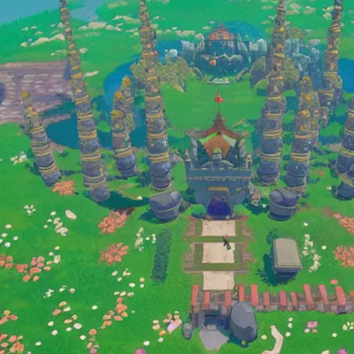 Image similar to studio ghibli themed breath of the wild Hyrule castle, scenic