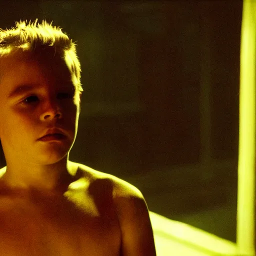 Image similar to movie scene of a glowing boy, menacing, movie still, cinematic composition, cinematic light, criterion collection, reimagined by industrial light and magic, Movie by David Lynch and Ridley Scott
