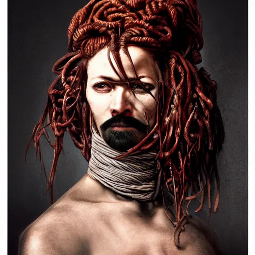 Image similar to portrait of a Shibari rope wrapped face and neck, headshot, insanely nice professional hair style, dramatic hair color, digital painting, of a old 17th century, old cyborg merchant, amber jewels, baroque, ornate clothing, scifi, realistic, hyperdetailed, chiaroscuro, concept art, art by Franz Hals and Jon Foster and Ayami Kojima and Amano and Karol Bak,