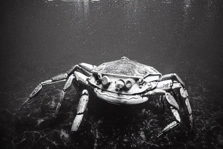 Image similar to robot crab underwater, in 2 0 1 2, bathed in the the glow of a crt television, crabcore, low - light photograph, photography by tyler mitchell