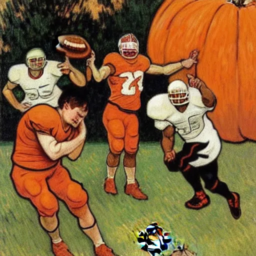 Image similar to painting of arkansas razorbacks players using a pumpkin as a football at the halloween jack o'lantern party, elegant, clear, painting, stylized, delicate, soft facial features, art, art by alphonse mucha, vincent van gogh, egon schiele