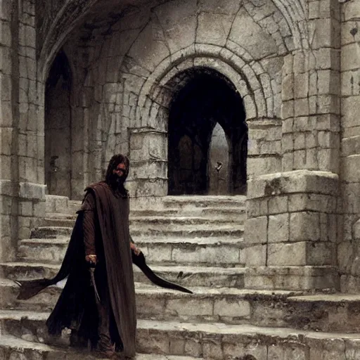 Image similar to aragorn coronation in minas tirith, painting by craig mullins greg rutkowski, strong contrast,