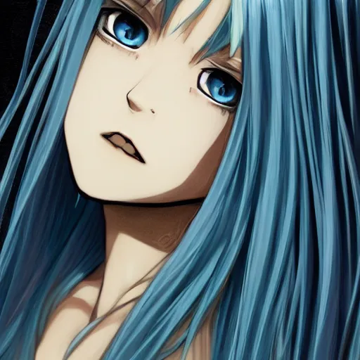 Image similar to profile shot of rimuru tempest, sky blue straight hair, long bangs, gold eyes, amber eyes, wearing a black jacket with white stripes, high collar, ultra detailed, wild brush strokes, digital painting, cinematic, wlop, pixiv, color block, eerie, scary, yoshitaka amano, ilya kuvshinov, andy warhol