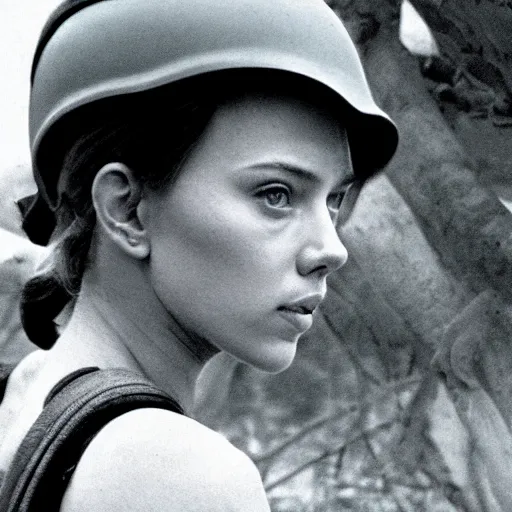 Image similar to scarlett johanson as a soldier in vietnam, film still, kodak, blue tint