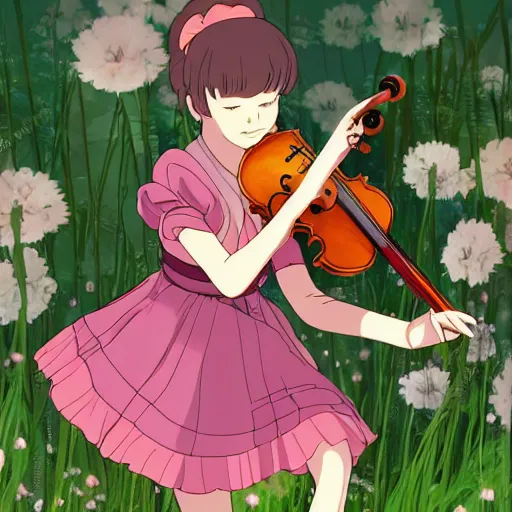 Image similar to cell shaded key visual of a young girl in a floral playing dress the violin in the style of studio ghibli, moebius, makoto shinkai,