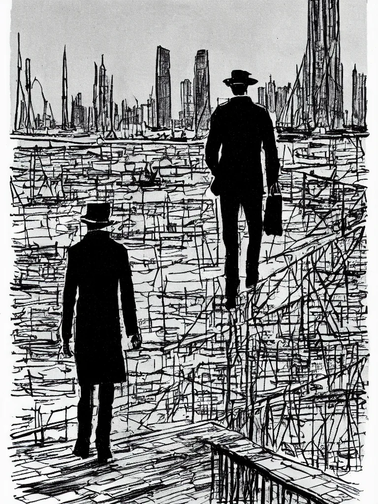 Image similar to a detective walking down the docks, city skyline in the background, by hugo pratt