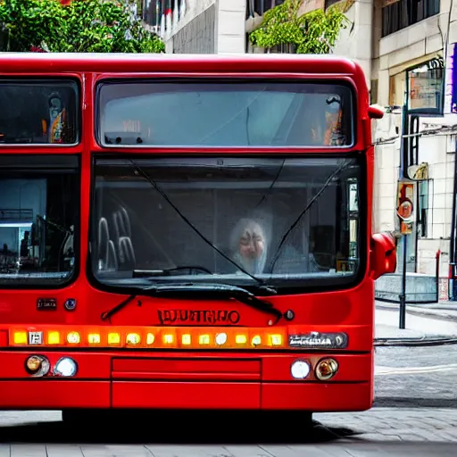 Prompt: autobus on fire with lcd screen saying 5 1 2 photorealistic. rule of thirds.