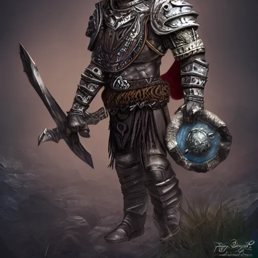 Image similar to realistic full body portrait of half orc cleric, dungeons and dragons, male, wearing eye shadow, ornate armor, shallow depth of field, highly detailed, dslr, volumetric lighting, dynamic pose, hyperrealism, highly textured