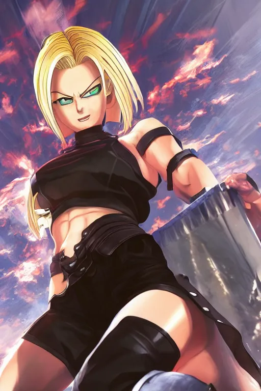 Prompt: Android 18 from dbz in a spinoff in blade and soul concept art on a render by the artist Hyung tae Kim, Jiyun Chae, Joe Madureira, trending on Artstation by Hyung tae Kim, artbook, Stanley Artgerm Lau, WLOP, Rossdraws