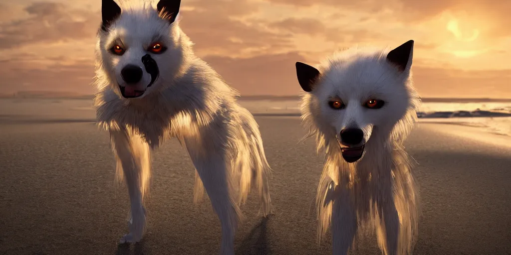 Image similar to a scary, evil, malevolent robotic canine appearance like a japanese spitz, robotic parts fused with the body and head, on a beach at sunset, this 4 k hd image is trending on artstation, featured on behance, well - rendered, extra crisp, features intricate detail and the style of unreal engine. golden hour