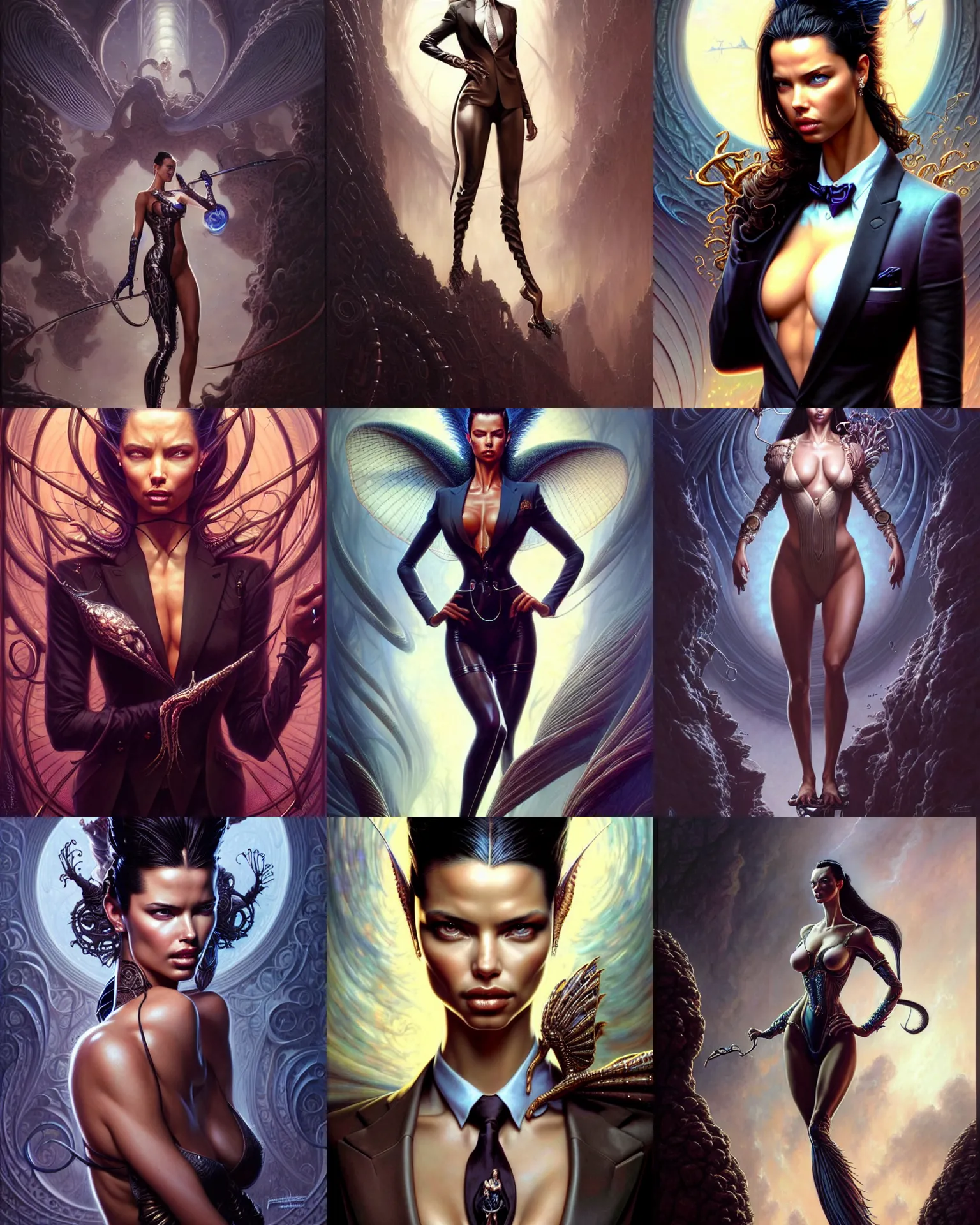 Prompt: beautiful fantasy art portrait, adriana lima, wearing a suit and tie, ultra realistic, wide angle, intricate details, the fifth element artifacts, highly detailed by peter mohrbacher, boris vallejo, hajime sorayama, wayne barlowe, paolo eleuteri serpieri