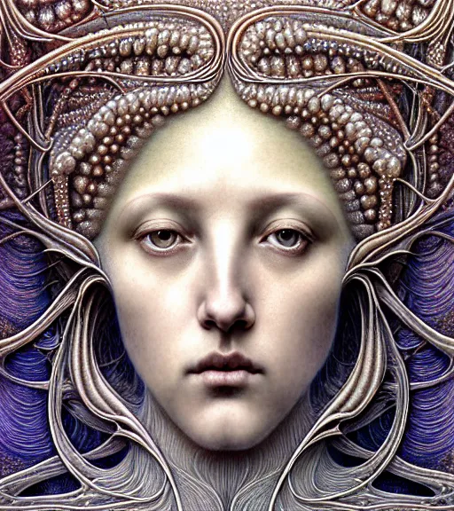 Image similar to detailed realistic beautiful pearlescent goddess face portrait by jean delville, gustave dore, iris van herpen and marco mazzoni, art forms of nature by ernst haeckel, art nouveau, symbolist, visionary, gothic, neo - gothic, pre - raphaelite, fractal lace, intricate alien botanicals, biodiversity, surreality, hyperdetailed ultrasharp octane render