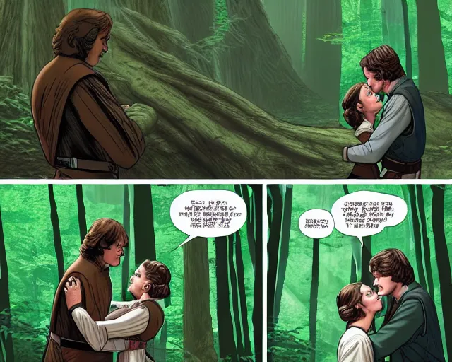 Image similar to luke skywalker, princess leia and han solo hugging and kissing in the forest of endor in a modern remake of return of the jedi