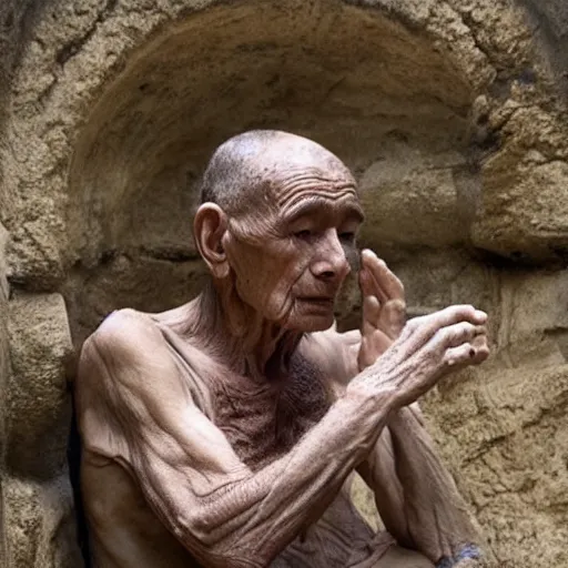 Prompt: 1 0 0 0 year old man contemplating why he is still alive.