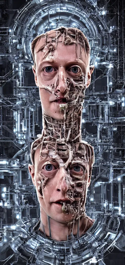 Image similar to horror of elon musk and mark zuckerberg fused together with scaffolding and pipes, body horror, pipes, disturbing, scary, dark, 4K, creepy