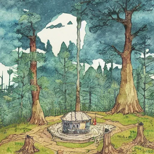 Image similar to laputa castle in the sky robot hayao miyazaki stands in a small clearing among trees, watercolor illustration for a book