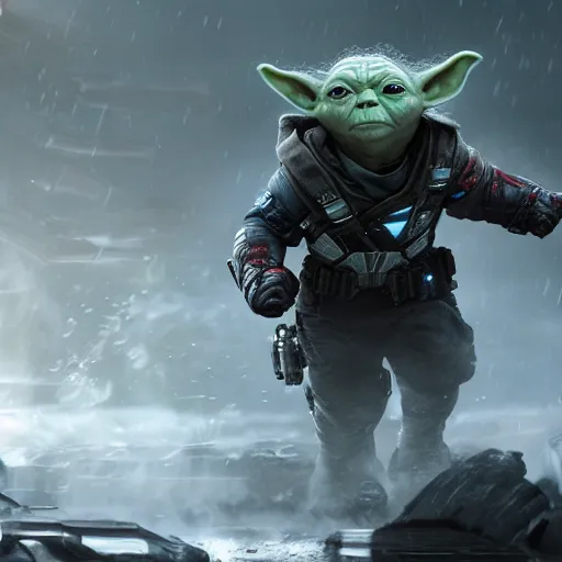 Image similar to Yoda as captain america in gears of war, splash art, movie still, detailed face, cinematic lighting, dramatic, octane render, long lens, shallow depth of field, bokeh, anamorphic lens flare, 8k, hyper detailed, 35mm film grain