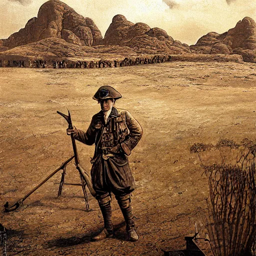Prompt: ultra detailed photorealistic sepia - toned painting from 1 9 1 7, a british officer in field fear standing at an archaeological dig site in wadi rum, ultra realistic, painted, intricate details, lovecraft, atmospheric, dark, horror, brooding, highly detailed, by angus mcbride