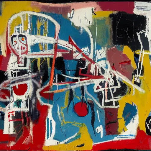 Prompt: numerical filmic uncanny sea pentagon parrot sack neutron banquette , by Jackson Pollock and Jean-Michel Basquiat and Judson Huss , oil on canvas , #micro , Concept Art