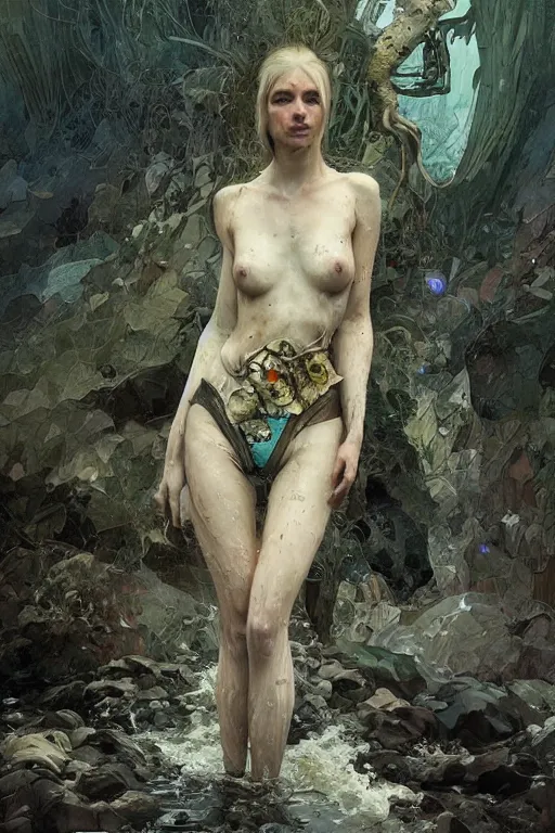 Image similar to a full body portrait of a beautiful post apocalyptic offworld neoicelandic biofarmer swimming by the waterfalls, intricate, elegant, highly detailed, digital painting, artstation, concept art, smooth, sharp focus, illustration, art by krenz cushart and artem demura and alphonse mucha