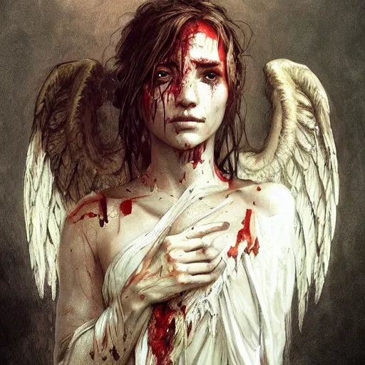 Image similar to portrait of a fallen angel, bloody wings, face covered in dirt and blood, crying, intricate, headshot, highly detailed, digital painting, artstation, concept art, sharp focus, cinematic lighting, illustration, art by artgerm and greg rutkowski, alphonse mucha, cgsociety