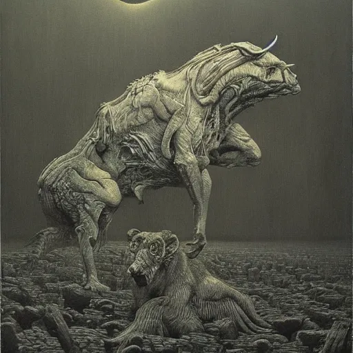 Prompt: a hybrid of all animals, beksinski, in a dark massive place brutalism, large scale, in the style of anatoly fomenko