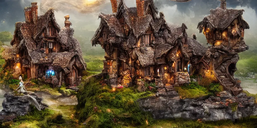 Image similar to \'mimic fantasy houses\' with clawed feet, far away landscape shot, tilt-shifted, high quality art, 4k