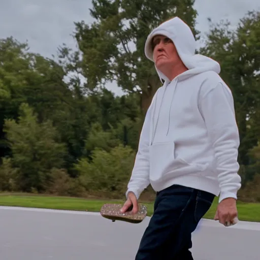 Image similar to cinematic shot of donald trump holding a skateboard, white hoodie, black jeans,